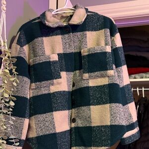 Gap Cozy Oversized Sherpa Plaid Shacket - Teal & Cream